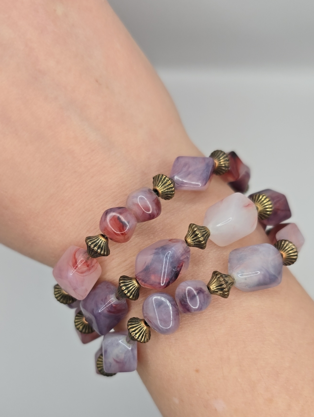 Purple and Pink Agate Style Beaded Stretch Bracelet Set - Gold Accent